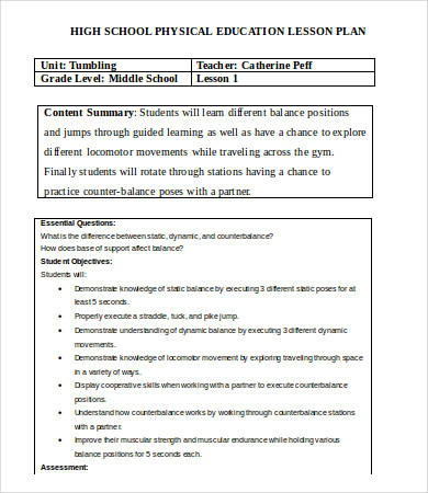 elementary physical education lesson plan template word