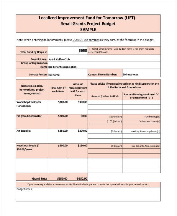 small grant budget template