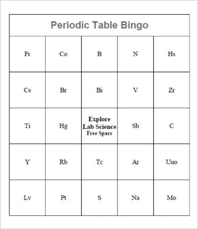 periodic table bingo card