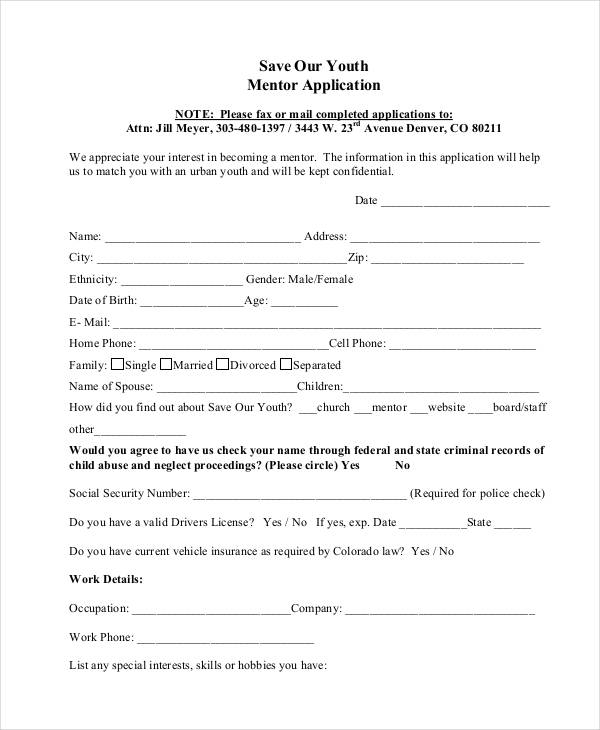 youth mentor application template