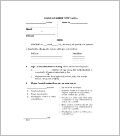 sample custody and visitation order agreement template