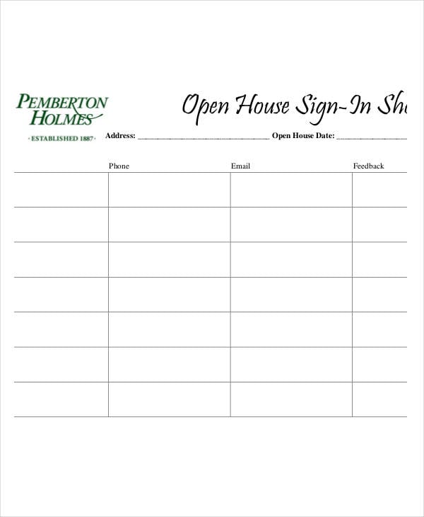 Real Estate Open House Sign In Sheet Template DocTemplates