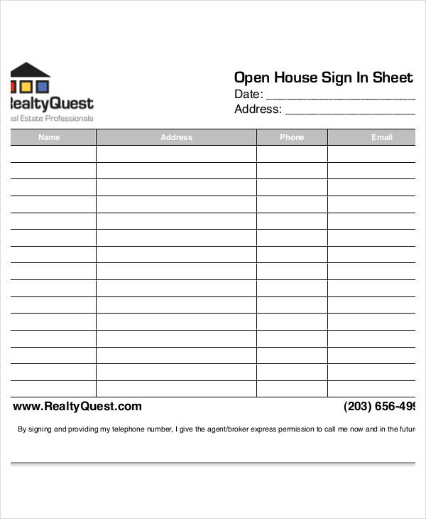 real estate open house sign in sheet template