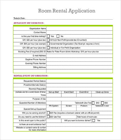 free room rental application sample