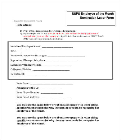 employee nomination letter template