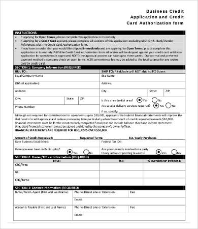 business credit application and credit card authorization form