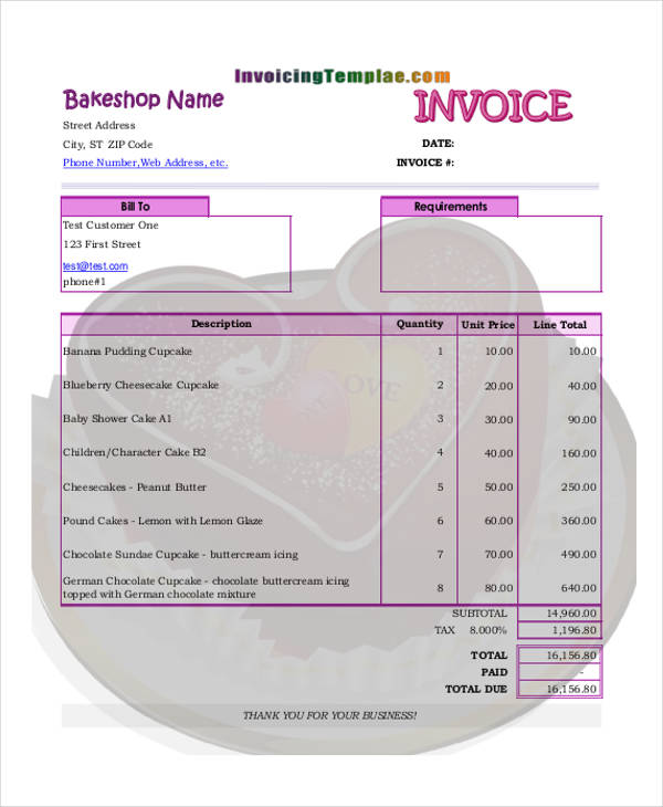 bakery cake invoice template