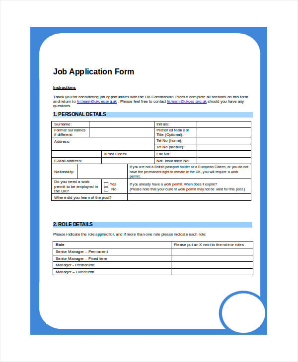 form sample job printable free application PDF  Printable Free Word,  Document Applications 8