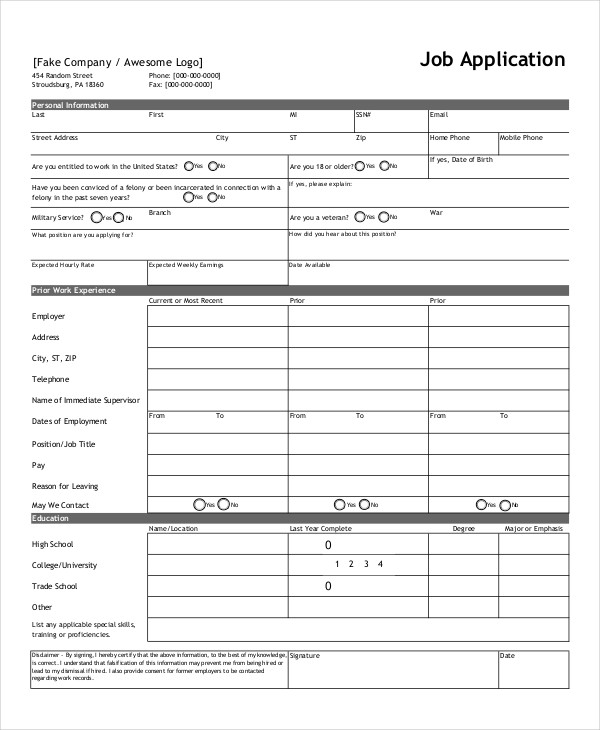 printable blank job application