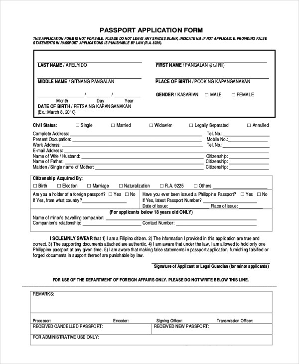 Free Printable Passport Application Form Printable Forms Free Online