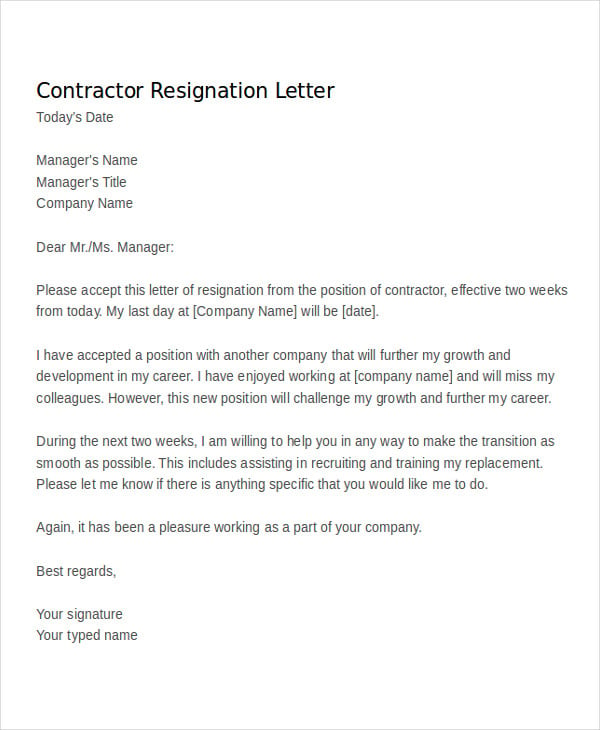 Contractor Resignation Letter Template 4+ Free Word, PDF