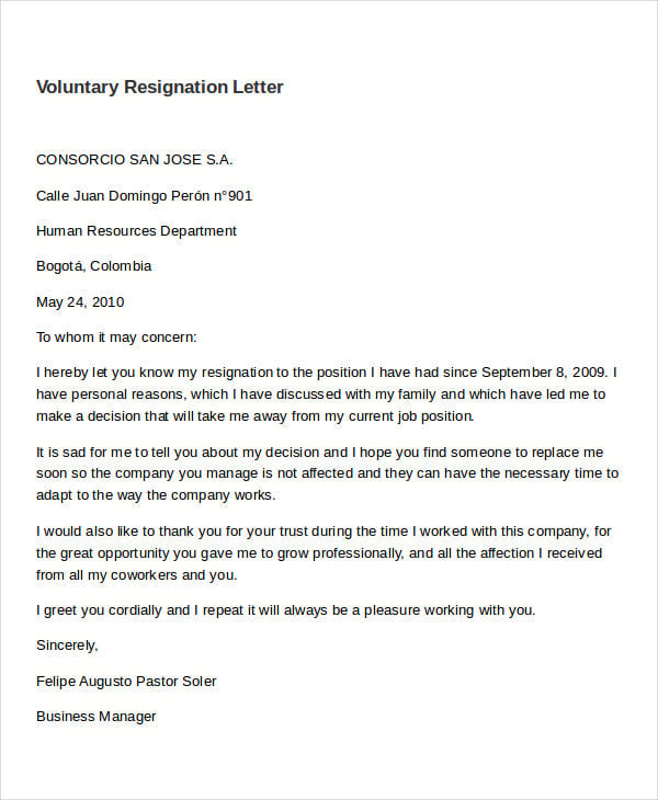 examples of voluntary resignation letter