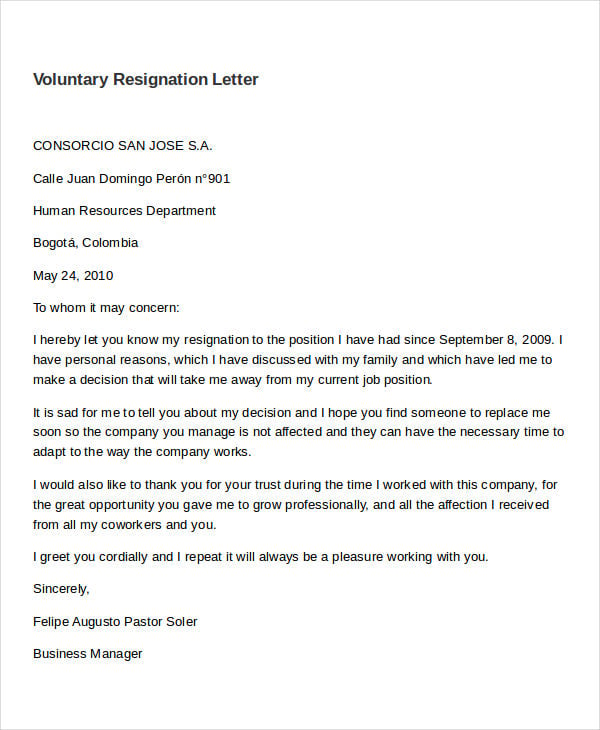 Voluntary Resignation Letter Sample