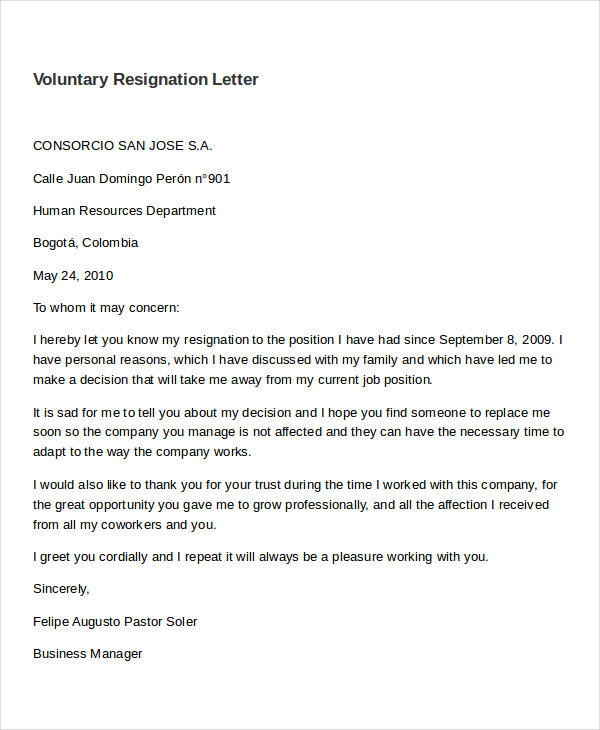 Volunteer Resignation Letter Template 6 Free Word PDF Format Download 