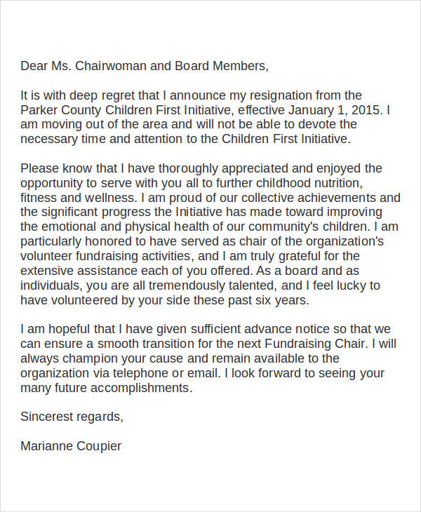 volunteer board member resignation letter template