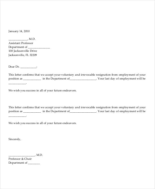 volunteer resignation acceptance letter template