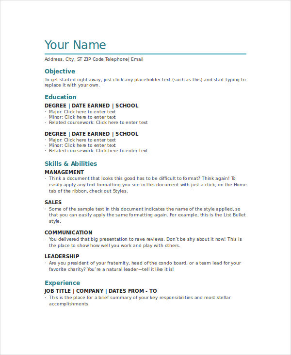 document resume templates word