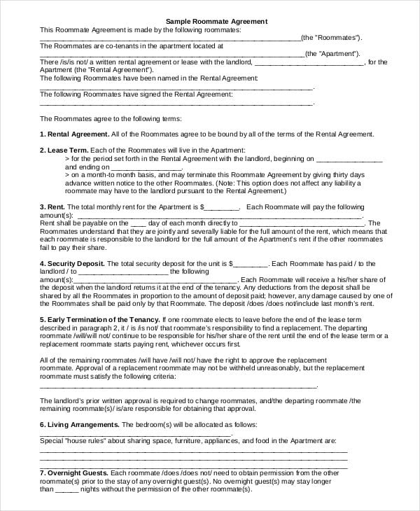 roommate lease contract template