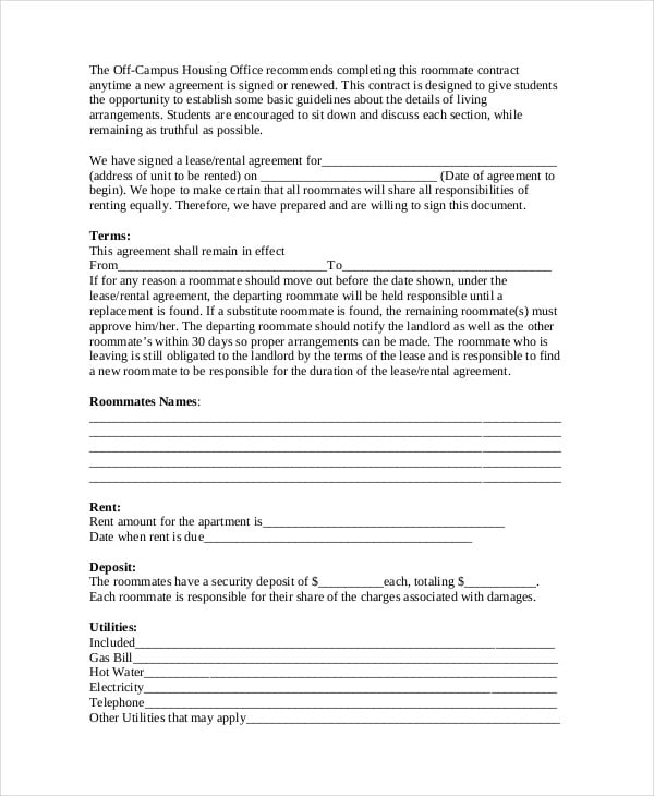 basic roommate contract template