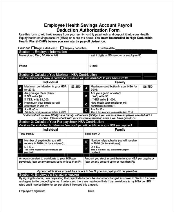 employee health payroll deduction form