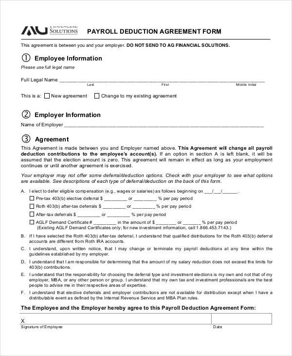 payroll deduction agreement form