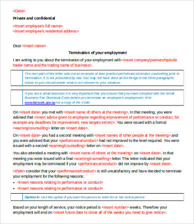 termination letter of employment template