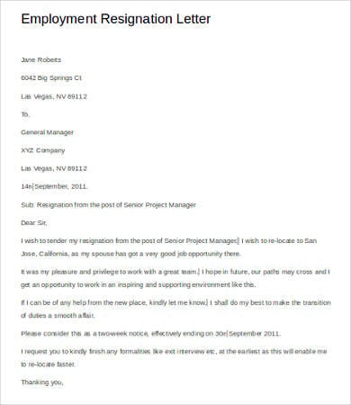 resignation letter of employment template