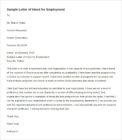 letter of intent for employment template