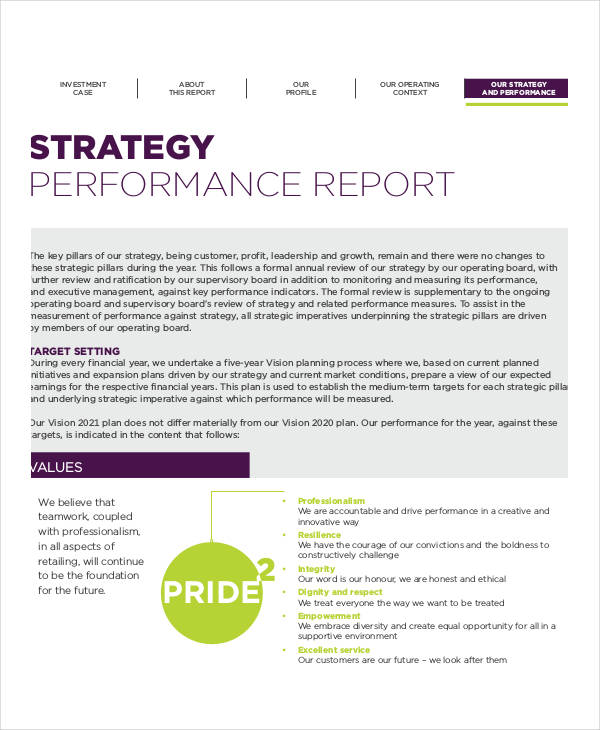 strategy performance report template