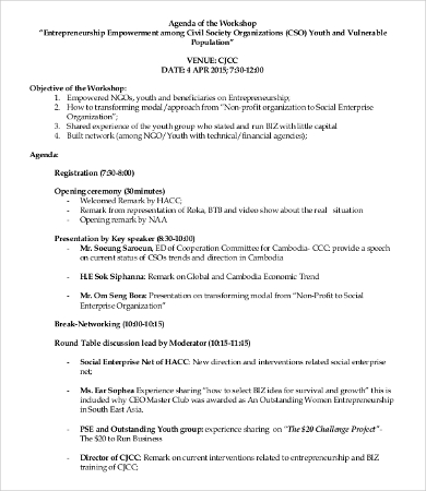 entrepreneurship workshop agenda template