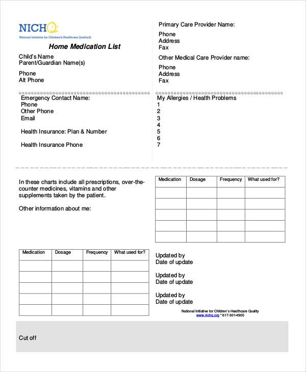 printable home medication list