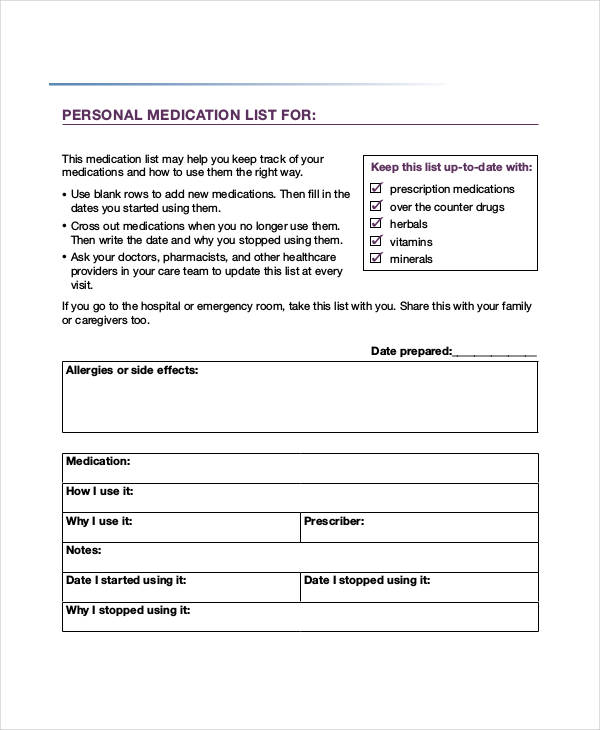 printable personal medication list