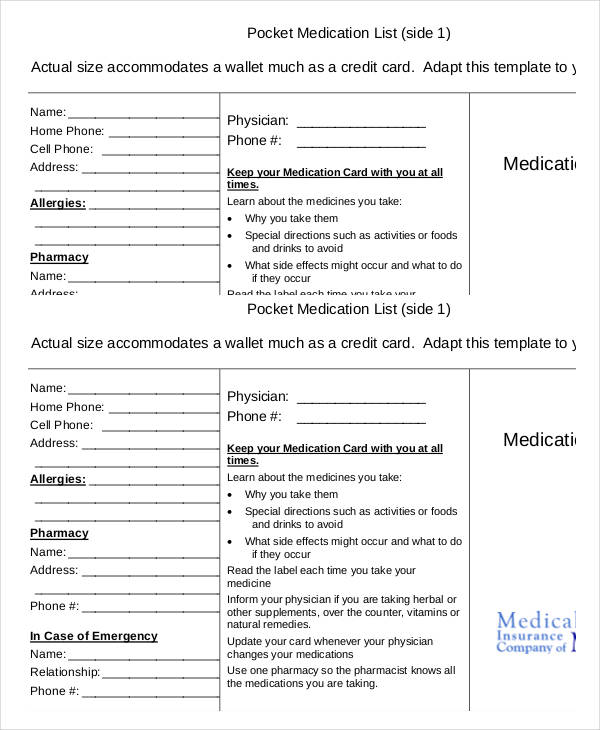 printable pocket medication list