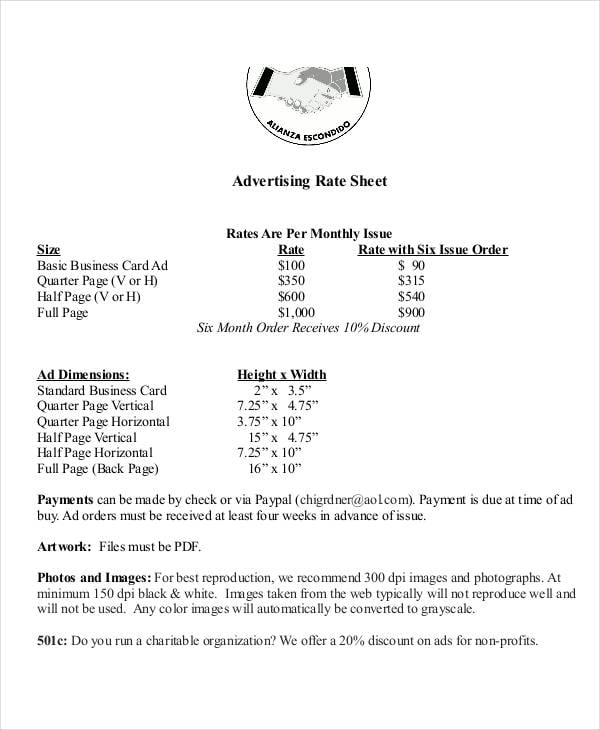 advertising rate sheet template