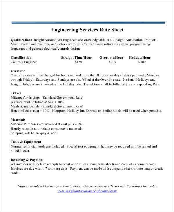 engineering rate sheet template