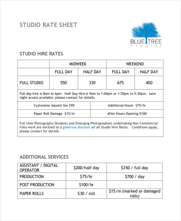 Rate Sheet Template 11 Free Sample Example Format   Studio Rate Sheet Template 