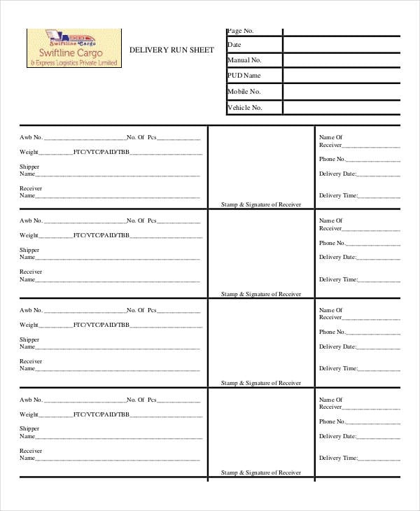 delivery run sheet template