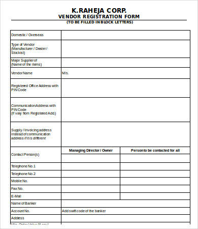 printable vendor registration form template