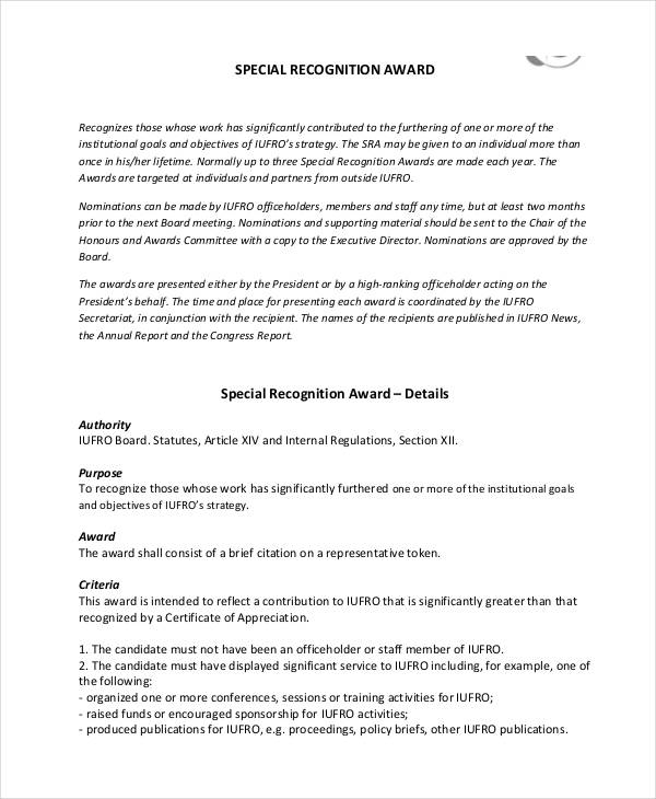 Recognition Award Templates 8+ Free Word, Excel, PDF Documents Download