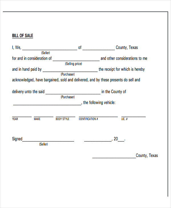 Printable Vehicle Bill Of Sale Texas