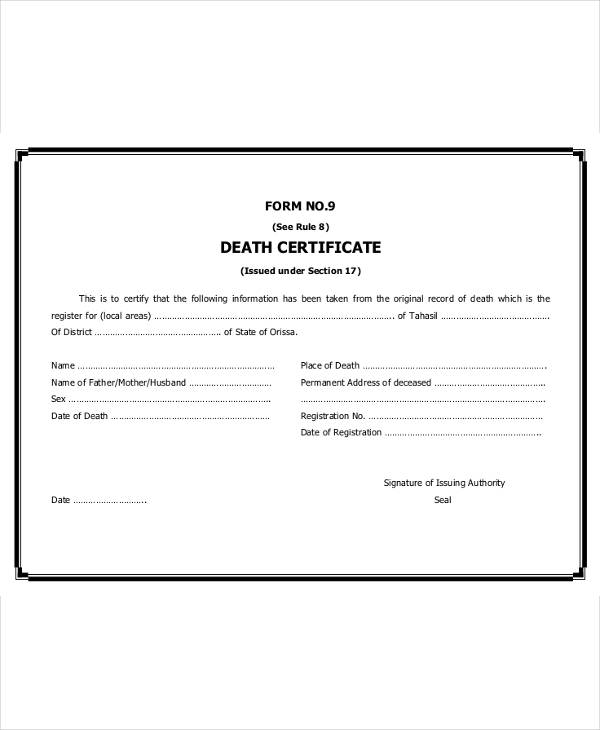 9+ Death Certificate Template – Free Sample, Example Format Download ...