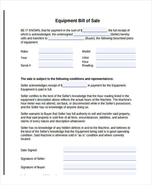 legal equipment bill of sale