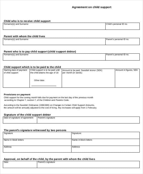 child support parent agreement template