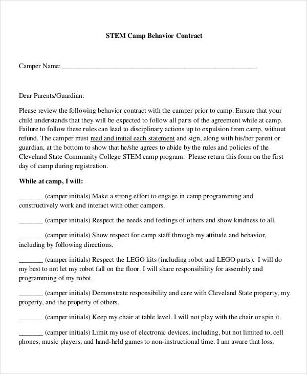 camp behavior contract template