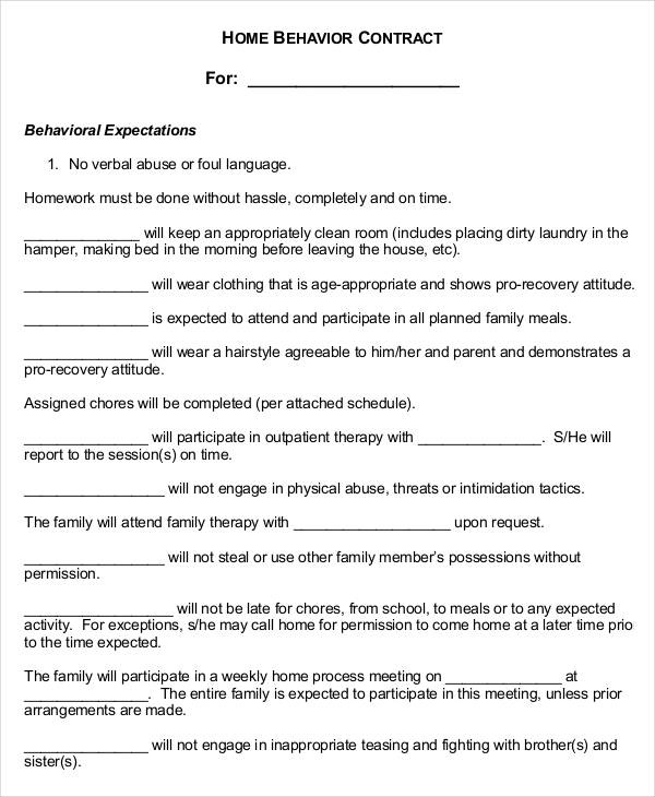 home behavior contract template