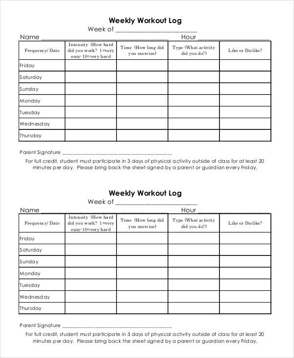 printable weekly workout log