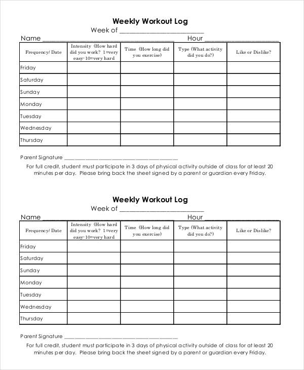 Printable Exercise Chart Template