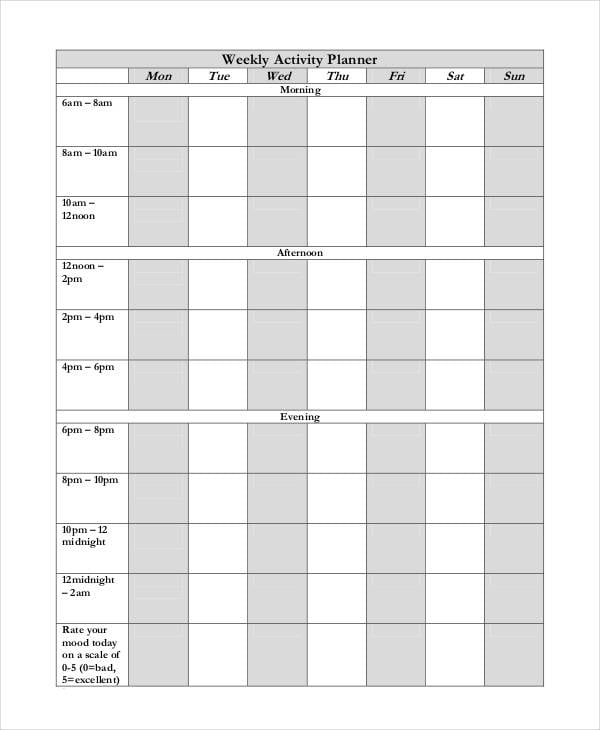 printable weekly activity planner
