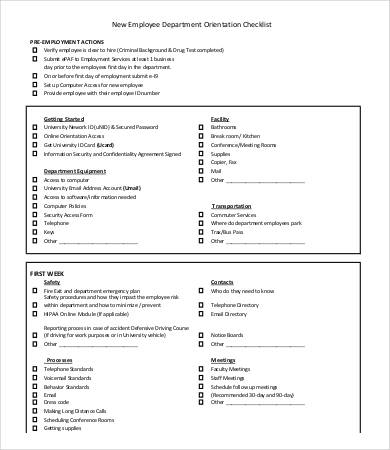 new employee department orientation checklist