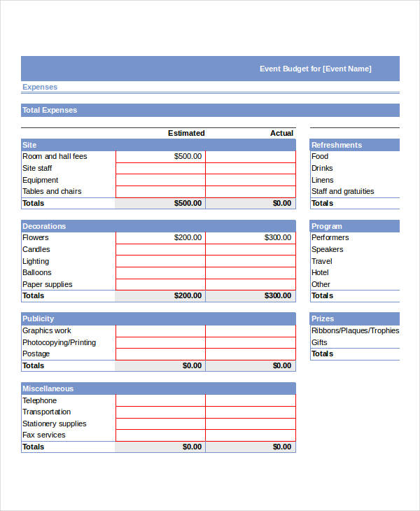 event planning budget template